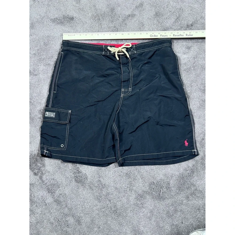Polo Ralph Lauren Men 40 Black w Red Logo & Emblem Board Style Lined Swim Trunks